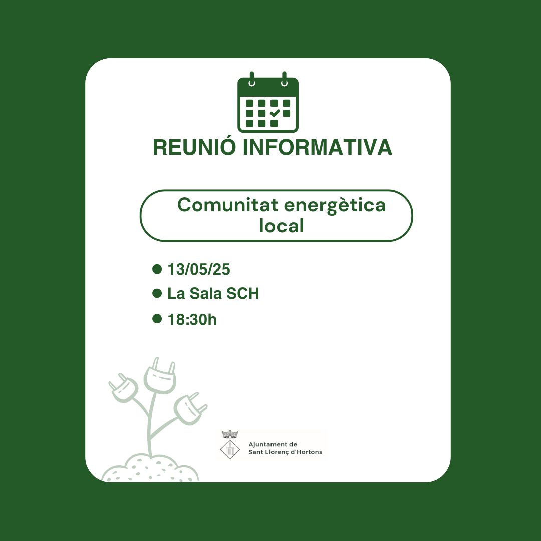 🔊Nova data per la reunió de la comunitat energètica local: 13 de maig a les 18:30h a la Sala de la SCH.

T’ofereix l’oportunitat de consumir energia verda generada al poble, gràcies a una instal·lació fotovoltaica impulsada per l’Ajuntament.