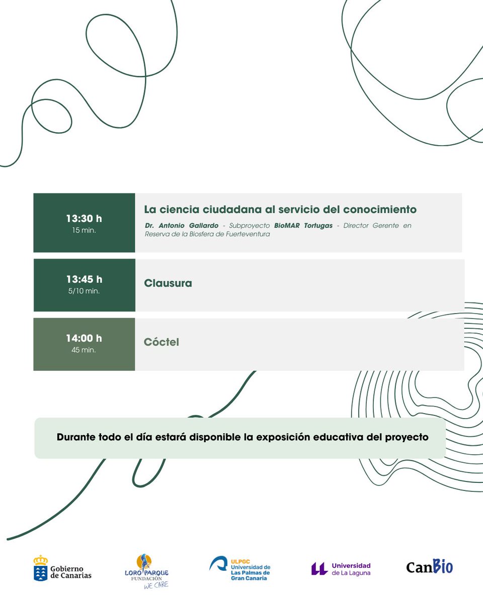 CanBIO (@canbiocanarias) on Twitter photo 🕘¡Ya puedes consultar el programa oficial de la V Jornada de Presentación de Resultados: “Un viaje al futuro sostenible"!
📅 5 de mayo.
📍 Salón Polivalente I - Campus Universitario de Tafira
📝 forms.gle/pkyK1vtAKmdTvL…
<a href="/LP__Fundacion/">Loro Parque Fundación</a> #GobiernodeCanarias <a href="/ULPGC/">ULPGC</a> <a href="/ULL/">Universidad de La Laguna</a> 🕘¡Ya puedes consultar el programa oficial de la V Jornada de Presentación de Resultados: “Un viaje al futuro sostenible"!
📅 5 de mayo.
📍 Salón Polivalente I - Campus Universitario de Tafira
📝 forms.gle/pkyK1vtAKmdTvL…
<a href="/LP__Fundacion/">Loro Parque Fundación</a> #GobiernodeCanarias <a href="/ULPGC/">ULPGC</a> <a href="/ULL/">Universidad de La Laguna</a>