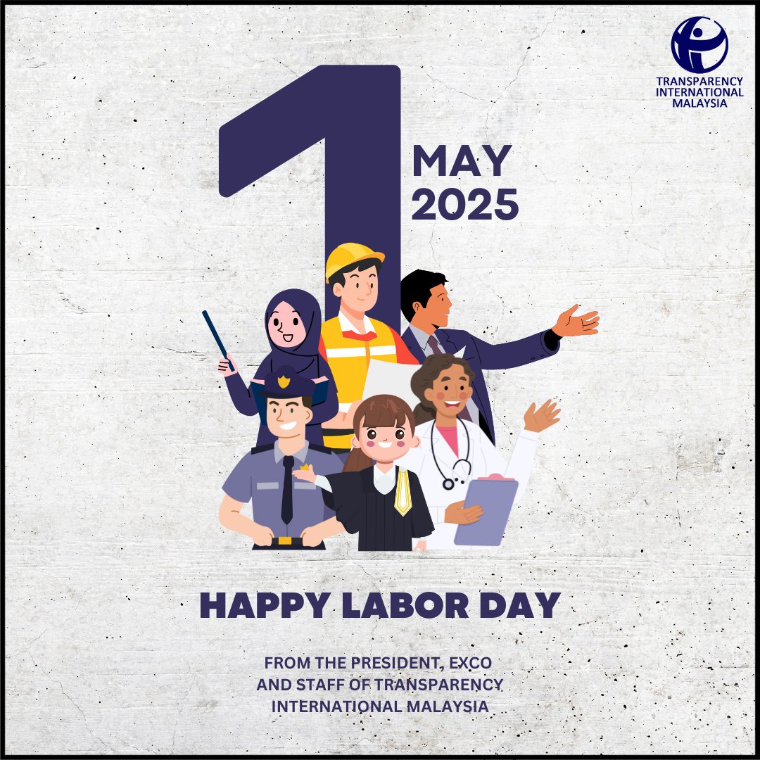 Happy Labor Day! Today, we celebrate the dedication and contributions of our Exco, Staff, Trainers, Members and Partners, united in the fight against corruption in Malaysia. Your commitment drives integrity forward! 👩‍⚕️ 👨‍🏭 🧑‍💼 👩‍💼 👷‍♂️