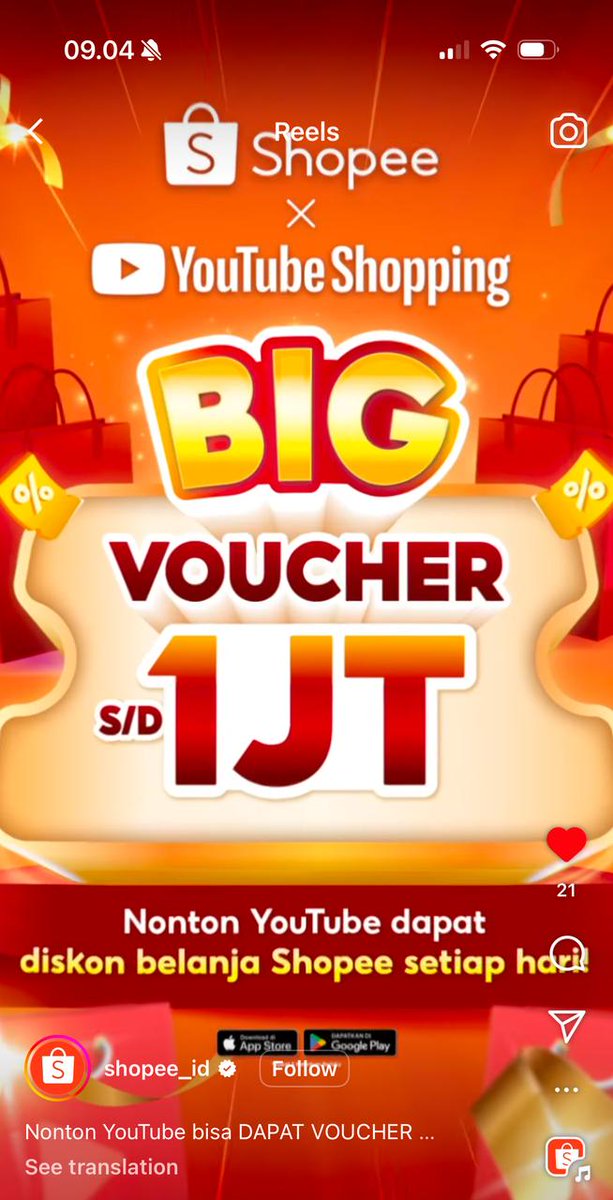 dah pada tahu belum ? di Shopee x YouTube Shopping
serunya lagi ada BIG Voucher s/d 1 JUTA
yuk  Nonton YouTube Dapat Diskon Belanja Shopee Setiap Hari! lumayan lhooo😊👍