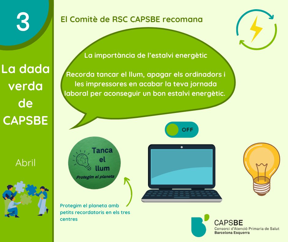 CAPSBEsq's tweet photo. La dada verda de #CAPSBE d'abril tracta sobre l'estalvi energètic, centrant-se en petits gestos quotidians com desendollar els aparells electrònics o tancar el llum.
Estigueu atents a les xarxes CAPSBE per a més consells
#rscCAPSBE #valorsCAPSBE #dadaverda #consells https://t.co/GOhxN4PBfB