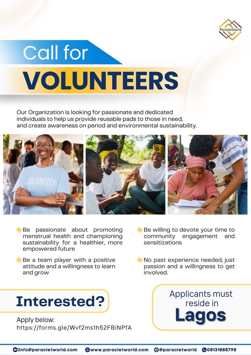 We are looking for volunteers in Lagos,  who are interested in joining us to  promote both hygiene and environmental responsibility.

If this is you, apply here: forms.gle/Wvf2ms1h52FBiN…

Location: LAGOS, Nigeria

#ParacletWorld  #ReusablePads #Volunteers