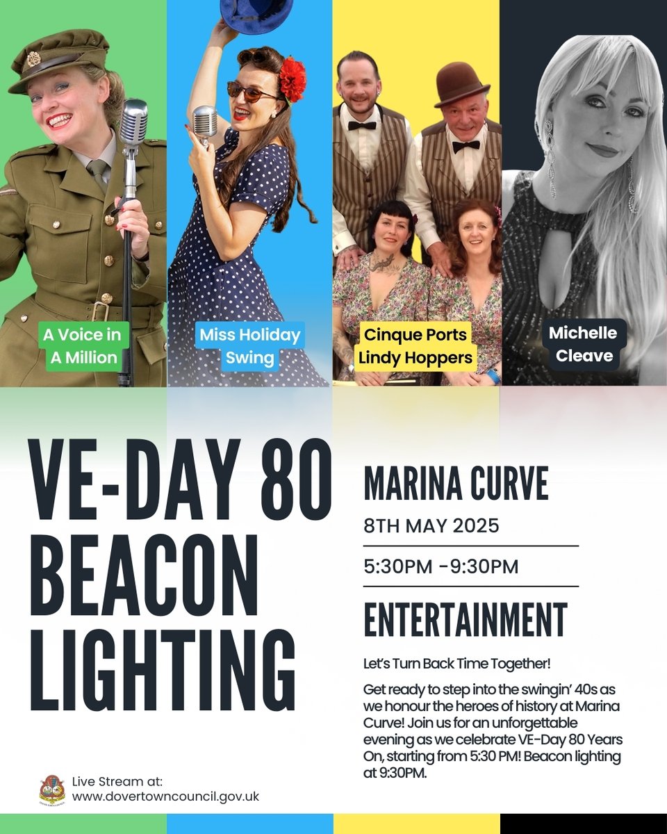 VE Day 80 – Lighting of the Beacon – 5:30PM – 9:30PM – 08/05/25  
Location: Marina Curve, Clock Tower, Square, Dover CT17 9FS  

Online streaming of the beacon lighting at Dover Castle will be available from 9:30pm from dovertowncouncil.gov.uk
