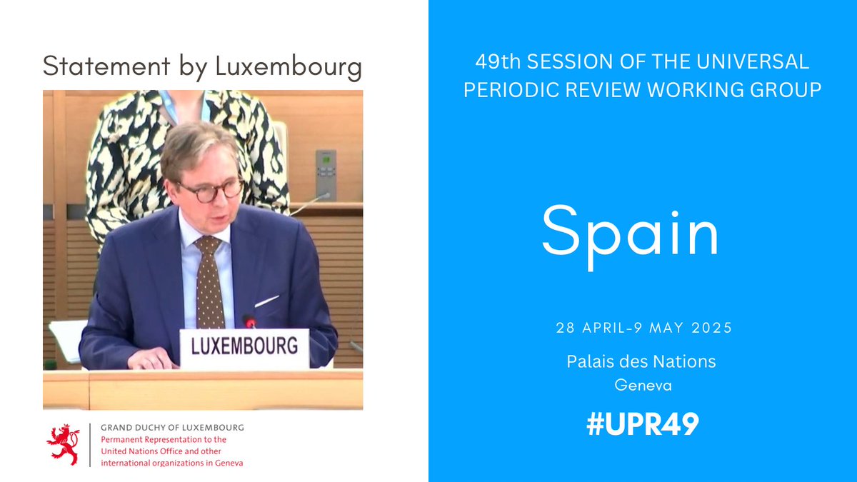 #Luxembourg🇱🇺 #UPR49 recommendations to #Spain🇪🇸:
1️⃣End incommunicado detention &amp; solitary confinement, especially for minors
2️⃣Increase investment in social protection incl. universal child allowance
3️⃣Strengthen anti-trafficking efforts focusing on prevention &amp; protection