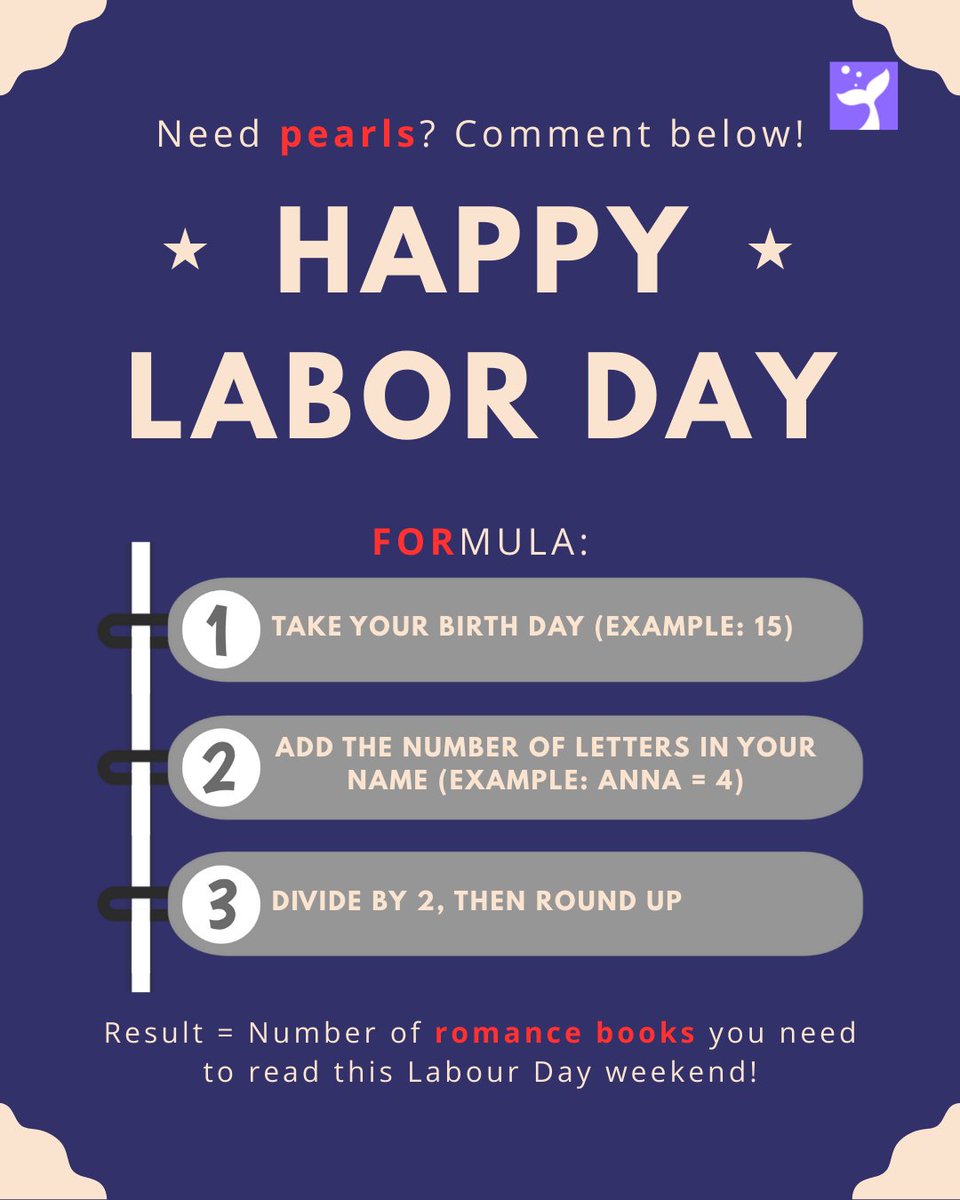 JoyRead_Novels's tweet photo. 🎉 Happy Labor Day! 🎉
Follow us & drop a comment below to join the fun!
🧮 Use the formula to find out how many romance books you must read this weekend!
https://t.co/ZcpthDMmNx
#LaborDayFun #RomanceReads #PearlGiveaway #BookLoversUnite https://t.co/3MiI2D8oyF