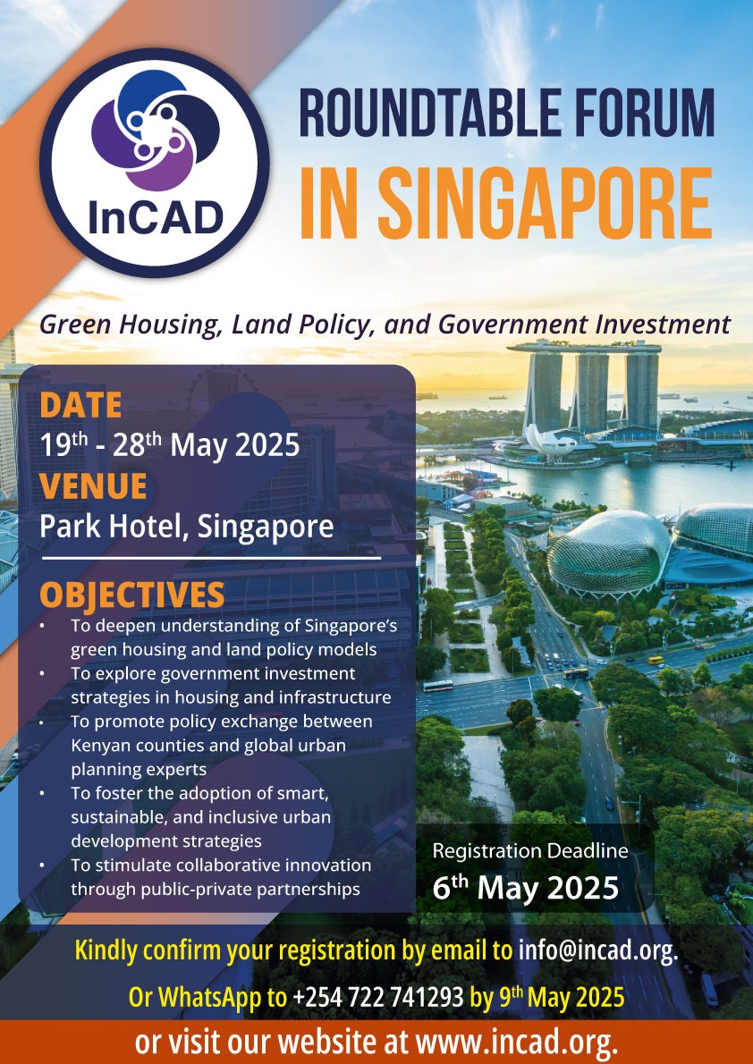 Calling urban planners, policymakers and county leaders.
Join InCAD in Singapore for a 10-day forum on Green Housing, land policy &amp;  government Investment.
From 19–28 May 2025
 Park Hotel Singapore
Register by 6th May at info@incad.org
#InCAD #UrbanInnovation #GreenHousing