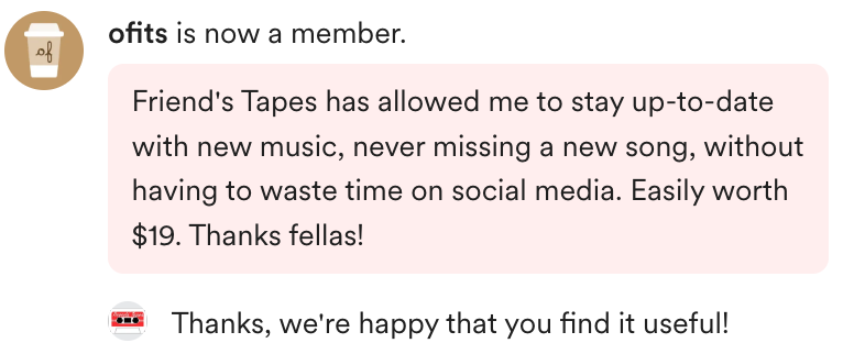 friendstapes's tweet photo. Stay up-to-date with new music? Yes please! That's exactly what Friend's Tapes is great at.

And the best part? You can use it for free.

As builders, nothing is more rewarding than feedback like this 👇 https://t.co/YPqUNgItVH