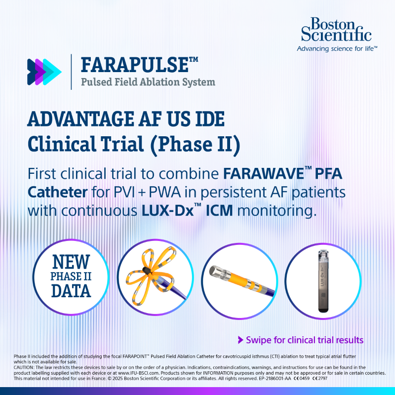 BSC_EU_Heart's tweet photo. NEW CLINICAL DATA primary endpoints met!
ADVANTAGE Phase II, presented by @VivekReddyMD showed positive results using the FARAPULSE™ Pulsed Field Ablation (PFA) System for the treatment of #AFib in #PersAF patients.
View the data below.
#PFALive #EPeeps