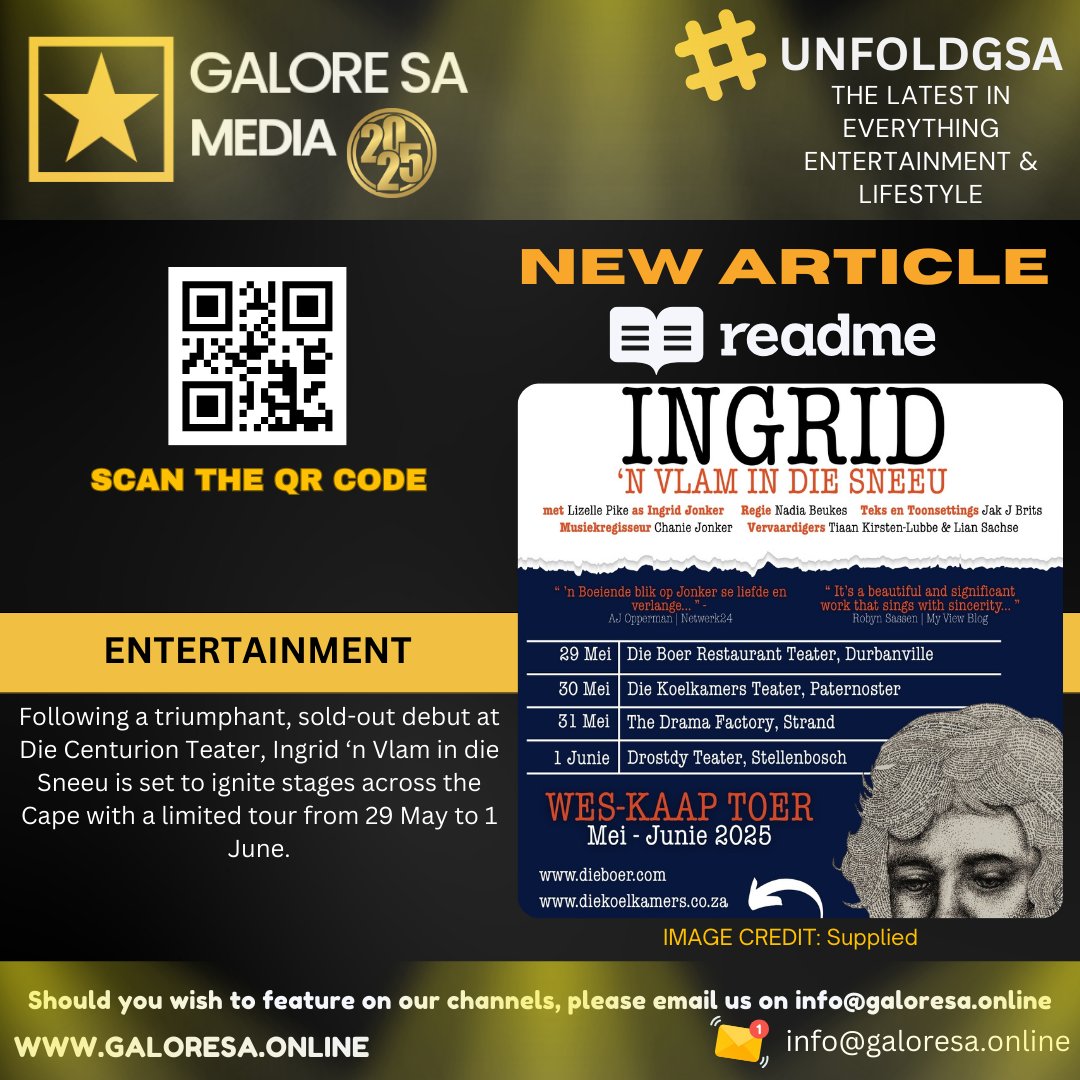 Following a triumphant, sold-out debut at Die Centurion Teater, Ingrid ‘n Vlam in die Sneeu is set to ignite stages across the Cape with a limited tour from 29 May to 1 June.

Unfold Here:
galoresa.online/njcb

Or visit galoresa.online

#UnfoldGSA