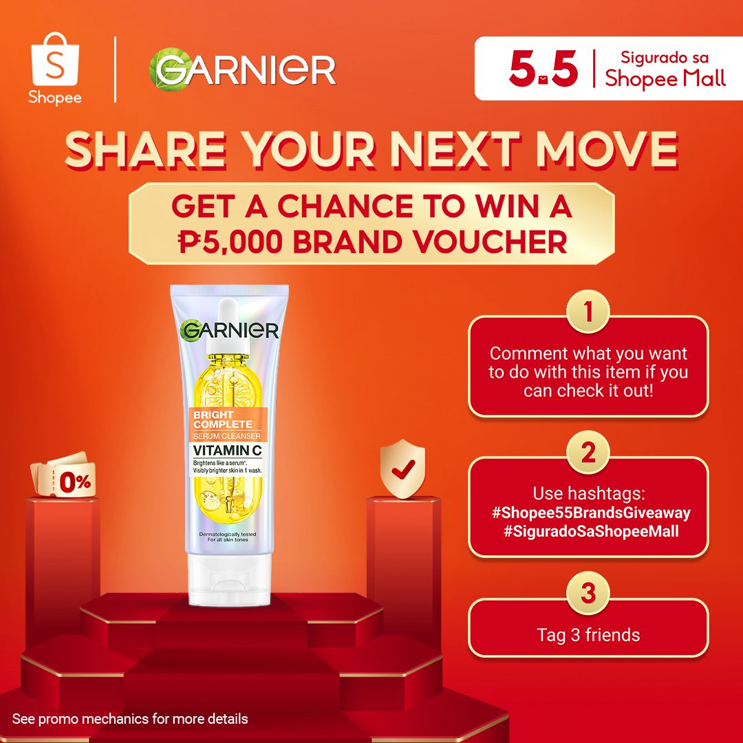 GarnierPH's tweet photo. Get a chance to WIN ₱5,000 worth of exclusive Garnier  products this 5.5 Sale!
 
Share your next move with Garnier's NEW! Vitamin C Serum Cleanser. Tag 3 friends and use the hashtags #Shopee55BrandsGiveaway #SiguradoSaShopeeMall https://t.co/7vDssFWIsK