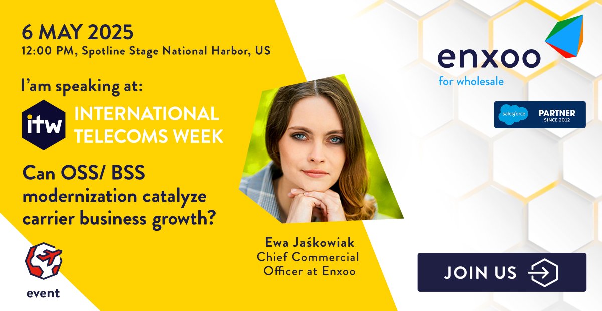 🎤 Don’t miss Ewa Jaśkowiak, CCO at @Enxoo, speaking at the Fireside Chat on OSS/BSS modernization at #ITW2025 – May 6, 12:00 PM, Spotlight Stage!
📍 Visit us at Booth 719 to meet the team and talk about wholesale transformation. 👉 tiny.pl/q3hzp48s

#Enxoo #salesforce