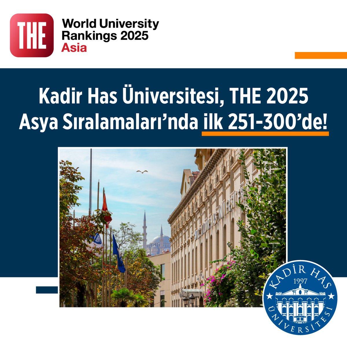 Times Higher Education (THE) 2025 Asya Üniversiteleri Sıralaması’nda Kadir Has Üniversitesi, 251–300 bandında yer alarak uluslararası alanda önemli bir başarıya imza attı. Türkiye’deki üniversiteler arasında 11. sırada konumlanan üniversitemiz, araştırma ekosistemi kategorisinde