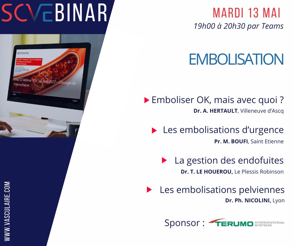 SCVE_fr's tweet image. A vos agendas -> SCVEbinar#5 : Embolisation
Mardi 13 mai de 19h00 à 20h30 via Teams
Lien de connexion Teams : teams.microsoft.com/l/meetup-join/…