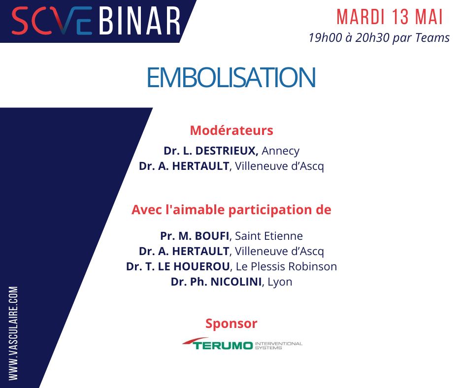 SCVE_fr's tweet image. A vos agendas -> SCVEbinar#5 : Embolisation
Mardi 13 mai de 19h00 à 20h30 via Teams
Lien de connexion Teams : teams.microsoft.com/l/meetup-join/…