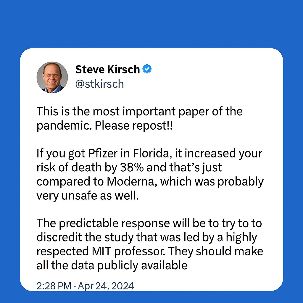 1/ Steve Kirsch is misrepresenting a new study comparing Pfizer and Moderna vaccines in Florida.

Let’s break down what this study does—and what it doesn’t say.