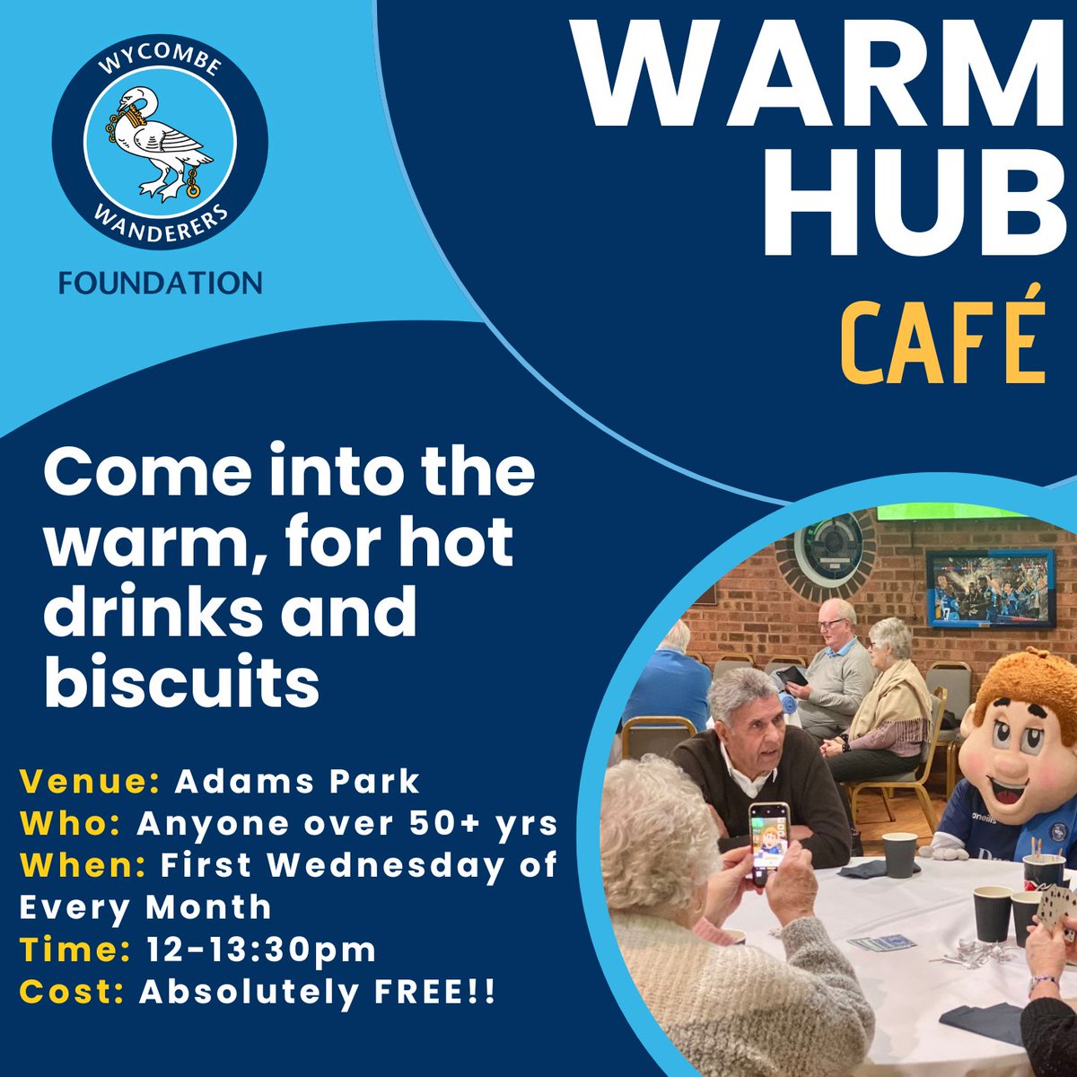 ☕🍪 Introducing the new Warm Hub Café! 🍪☕

We’re delighted to launch our FREE Warm Hub Café — a welcoming space to meet new people, enjoy a chat, and relax with free tea, coffee, and biscuits!

 🗓️ First Wednesday of every month
 ⏰12:00 PM – 1:30 PM
 📍 Adams Park Stadium
