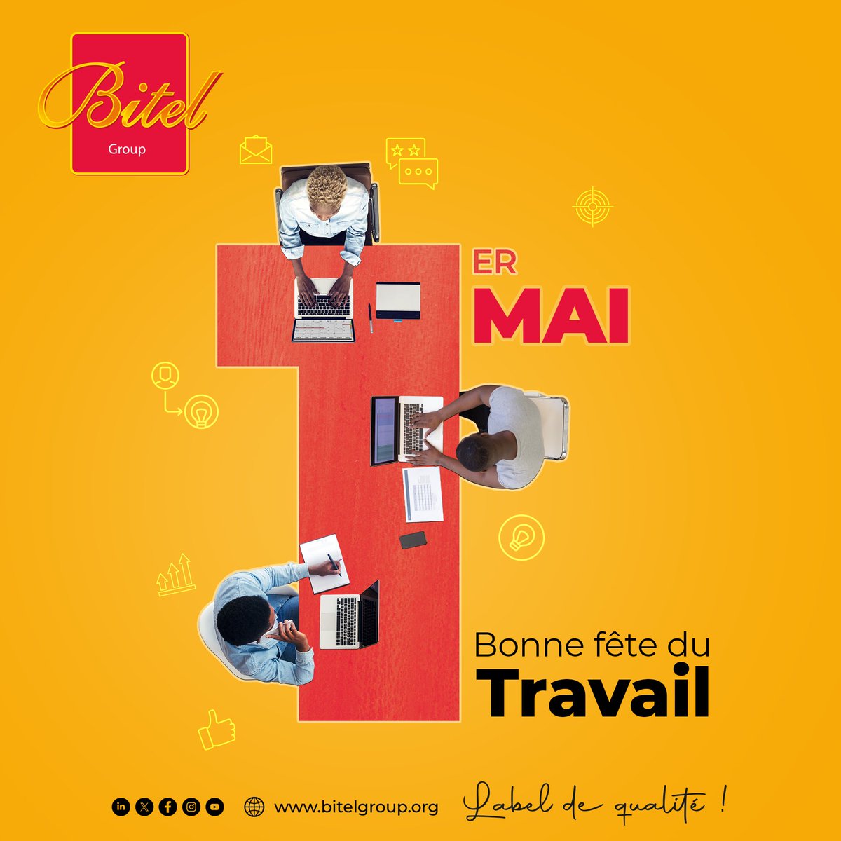 GroupBitel's tweet photo. Bonne fête à toutes celles et ceux qui, chaque jour, font avancer leur secteur, leur entreprise et leur pays.
Votre engagement est une richesse inestimable. #FêteDuTravail https://t.co/5o9tnTy5Ly