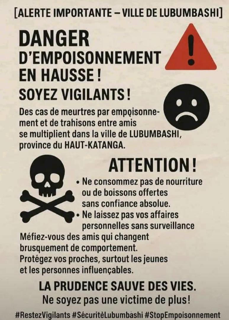#RestezVigilant#SecuritéLubumbashi#StopEmpoisonnement 

Ne restons pas sous le radar face à de tels situations 

<a href="/KatangaCynthia/">Cynthia Katanga,MBA</a> 
<a href="/KamikaAnne/">2KA</a> 
<a href="/MuadiLaeticia/">Dr Laetitia Muadi</a> 
<a href="/PascalMuamba4/">Pascal Lincoln MUAMBA 🇨🇩</a> 
<a href="/Binza_Oz/">Binza_Ozone</a>