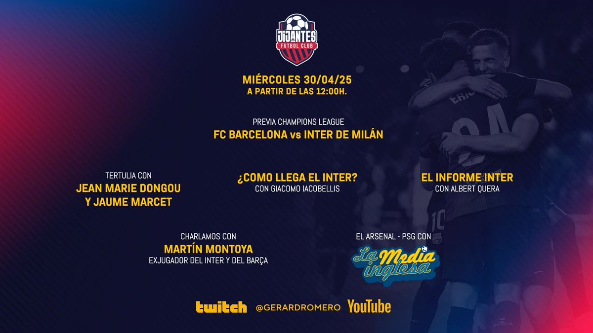 Jijantes FC (@jijantesfc) on Twitter photo 🚨 A PARTIR DE LAS 12:00h... 👀
⏳ Cada vez queda menos para que empiecen las semifinales en Montjuïc
🗣️ Tertulia con <a href="/JMDongou_/">pc</a> y <a href="/jaumemarcet/">Jaume Marcet</a>
🇮🇹 ¿Cómo llega el Inter? Con <a href="/giaco_iaco/">Giacomo Iacobellis</a>
🧾 El Informe del Inter con <a href="/AlbertQuera/">Albert Quera</a>
⚽️ Charlamos con Martín Montoya, ex Barça e 🚨 A PARTIR DE LAS 12:00h... 👀
⏳ Cada vez queda menos para que empiecen las semifinales en Montjuïc
🗣️ Tertulia con <a href="/JMDongou_/">pc</a> y <a href="/jaumemarcet/">Jaume Marcet</a>
🇮🇹 ¿Cómo llega el Inter? Con <a href="/giaco_iaco/">Giacomo Iacobellis</a>
🧾 El Informe del Inter con <a href="/AlbertQuera/">Albert Quera</a>
⚽️ Charlamos con Martín Montoya, ex Barça e