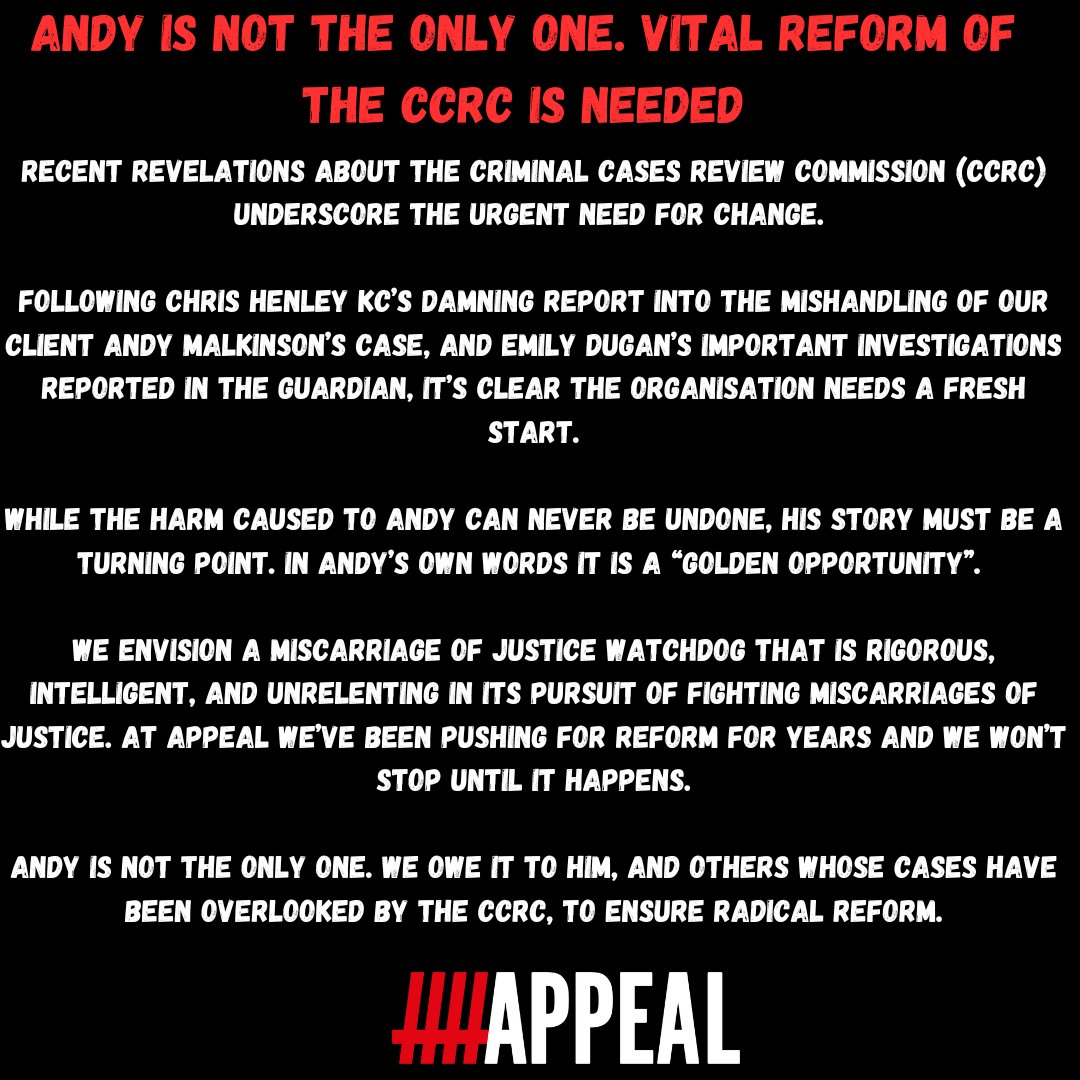 Yesterday, MPs slammed the CCRC over its mishandling of Andy Malkinson's case. CE Karen Kneller dubbed "Karen Invisible" faced scrutiny for absentee leadership and £50k spent on luxury business courses

Along with Andy, we call for root and branch reform.

theguardian.com/law/2025/apr/2…
