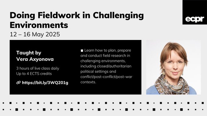 European Consortium for Political Research (@ecpr) on Twitter photo 🤔 Planning for fieldwork in a challenging environment?
💡 Get insights on ethical & practical aspects with #ecprms course
🔸Risk assessment & mitigation
🔸Common research methods
🔸Data management
👩🏫 <a href="/AxyonVera/">Vera Axyonova</a>
📆 12–16 May
💻👉 Secure your space bit.ly/3WQ201g 🤔 Planning for fieldwork in a challenging environment?
💡 Get insights on ethical & practical aspects with #ecprms course
🔸Risk assessment & mitigation
🔸Common research methods
🔸Data management
👩🏫 <a href="/AxyonVera/">Vera Axyonova</a>
📆 12–16 May
💻👉 Secure your space bit.ly/3WQ201g