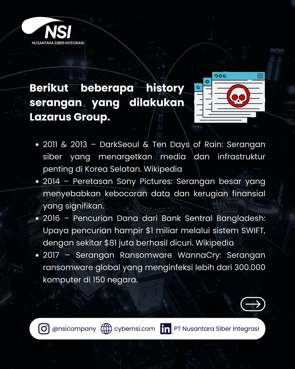 nsicompany's tweet photo. 📜 Serangan Lazarus Paling Dikenal:
-Sony Pictures (2014)
-Bank Bangladesh ($81 juta)
-WannaCry (2017).
#CyberAttack #History https://t.co/aB9mUELY9r