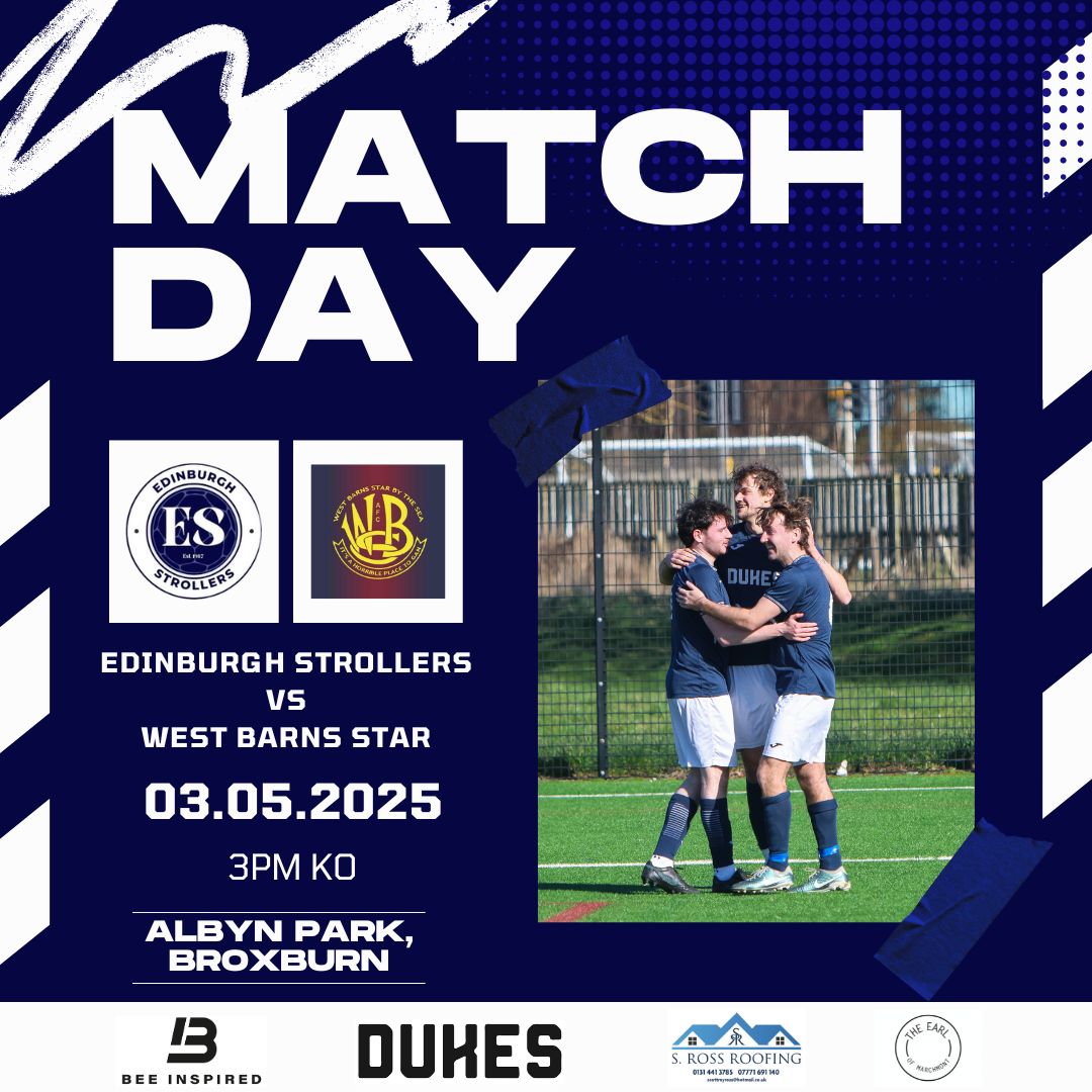Edinburgh Strollers (@edinstrollersfc) on Twitter photo MATCHDAY
π West Barns Star
π Challenge Cup Final
β° 3pm KO
π Albyn Park, Broxburn
<a href="/LeafaOfficial/">Official_LEAFA</a> <a href="/scottish_aff/">AmateurFixturesResultsSCO</a> <a href="/L1veAtTheAmmys/">Live At The Ammys</a> <a href="/ScotAmFA/">Scottish Amateur FA</a>
Sponsors:
Dukes
The Earl of Marchmont
S Ross Roofing
<a href="/beeinspired/">Bee Inspired Clothing</a>
π΅βͺοΈπ΅βͺοΈ MATCHDAY
π West Barns Star
π Challenge Cup Final
β° 3pm KO
π Albyn Park, Broxburn
<a href="/LeafaOfficial/">Official_LEAFA</a> <a href="/scottish_aff/">AmateurFixturesResultsSCO</a> <a href="/L1veAtTheAmmys/">Live At The Ammys</a> <a href="/ScotAmFA/">Scottish Amateur FA</a>
Sponsors:
Dukes
The Earl of Marchmont
S Ross Roofing
<a href="/beeinspired/">Bee Inspired Clothing</a>
π΅βͺοΈπ΅βͺοΈ