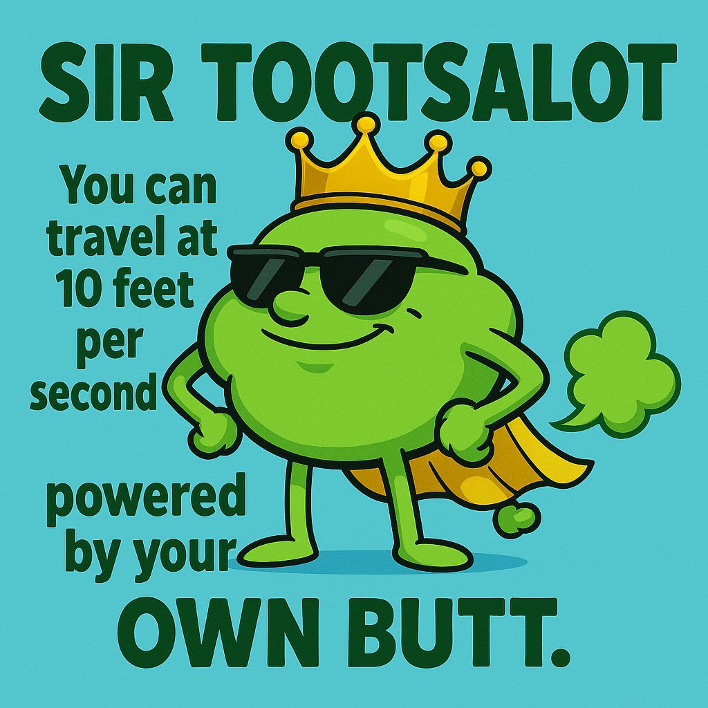 Sir_Tootsalot's tweet photo. Gm #crofam
๐๐จ Fun Fact: You can travel at 10 feet per second...
powered entirely by your butt.
Sir Tootsalot calls it "Toot Driveโข."
Eco-friendly. Zero emissions (almost)๐๐
#SirTootsalot #FartPhysics #FlatulenceFuel #WednesdayWisdom https://t.co/zgCnCvPPBE