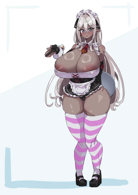 skebより、牛柄ウェイトレスダークエルフ娘をキャラデザさせていただきました…!えっち全振り世界のキャラデザ考えるのすき… 
