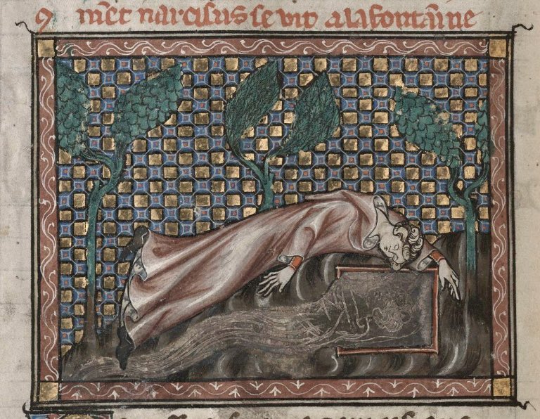 Narcissus falling in love with his own reflection in a pool of water (f. 10v)
 
Ms. 9574-75 <a href="/kbrbe/">KBR</a>, ‘Le Roman de la Rose’ by Guillaume de Lorris and Jean de Meun, Paris, c. 1300, 23 miniatures
 
Now digitised: uurl.kbr.be/2245260