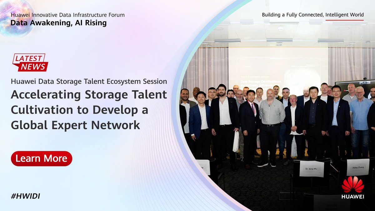 IT_Huawei's tweet image. #Talent has always been the fundamental driving force for #techdevelopment. At #HWIDI 2025, discover what makes ideal talent for the intelligent era and how #Huawei Data Storage Certifications help level up your career development. Learn more: bit.ly/4lRRnFS…