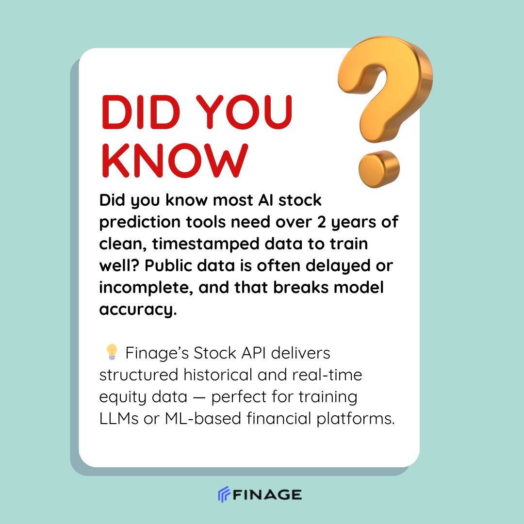 finageltd's tweet image. Building AI trading tools?
You’ll need 2+ years of clean stock data. Finage delivers high-quality, timestamped equity feeds.
#StockAPI #AITrading #LLMdata