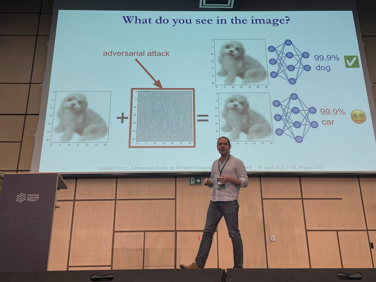 MLPrague's tweet photo. ⭐ Today at #mlprague - Morning talks

▪️  Adversarial attacks on the largest language and vision models
Deep neural networks — from computer vision models to massive language models — remain highly vulnerable to adversarial attacks, and there is still limited theoretical understanding and few reliable defenses against these threats.

Stanislav Fort (Google DeepMind) explored the robustness of modern deep learning models, demonstrated practical examples of transferable attacks on large closed-source vision-language models, and drew connections between adversarial vulnerabilities and broader challenges in general AI alignment.

▪️  Training AI Models for Crime Scene Fingerprint Recognition
Jakub Sochor (Innovatrics) addressed the challenge of training AI models for crime scene fingerprint recognition without ground truth annotations. By introducing innovative methods using synthetically generated fingerprint data, he is showing how AI advancements boost the accuracy and efficiency of latent fingerprint analysis in forensic investigations.

▪️  Understanding the neural networks through rule extraction
Tomáš Pevný (Czech Technical University) is uncovering how neural networks store and process information by extracting decision rules from trained models. He is explaining why understanding these rules is difficult without knowing the data distribution, offering insights into both the robustness of neural networks and the ease of creating adversarial examples. He is also showing how decision rules compose during inference.

#mlprague #mlprague2025 #mlconference #aiconference #machinelearning #AI #conference #prague #10years