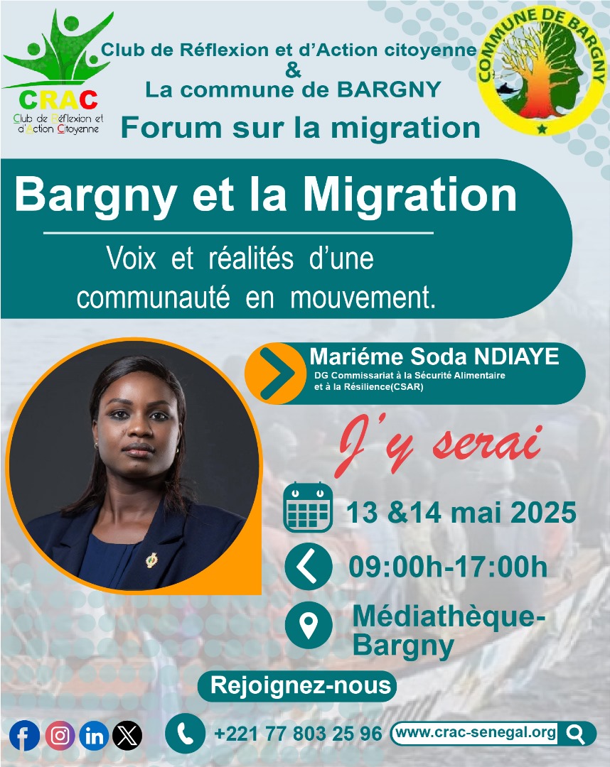 medzaproduction's tweet image. Nous sommes honorés d’annoncer la participation de Mme @MariemeSoda_SN DG du CSAR, au #ForumMigrationBargny les 13 &amp;amp; 14 mai 2025.
Un moment fort autour de la migration, la résilience et la sécurité alimentaire.
#Crac #CSAR #Bargny #Migration #Résilience