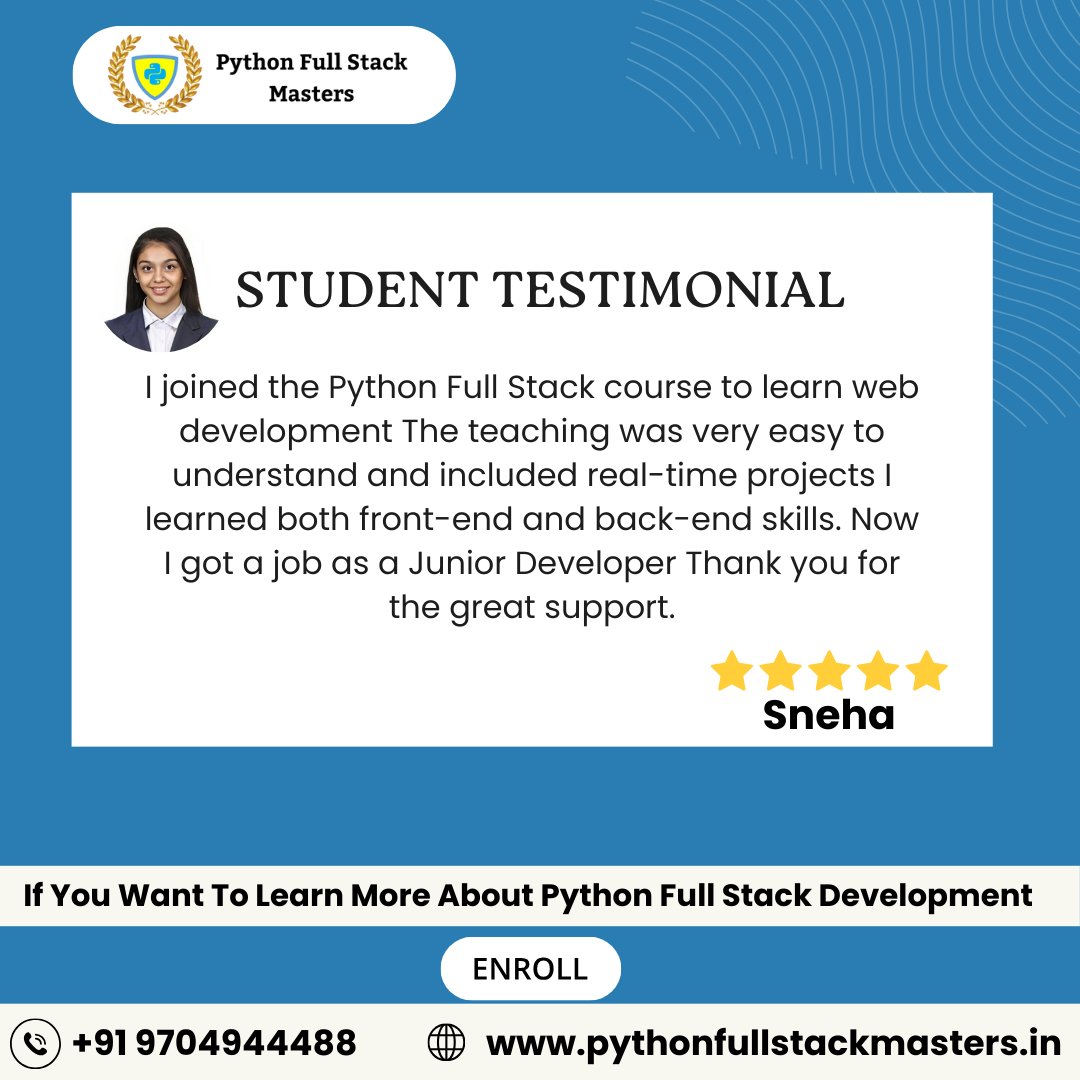 PythonFullsatck's tweet image. 🎓 STUDENT TESTIMONIAL 🎓

I joined the Python Full Stack course to learn web development The teaching was very easy to understand and included real-time projects.
📞+91 9704944488
🌐 pythonfullstackmasters.in
#PythonFullStack#StudentTestimonial#JuniorDeveloper#FullStackDeveloper