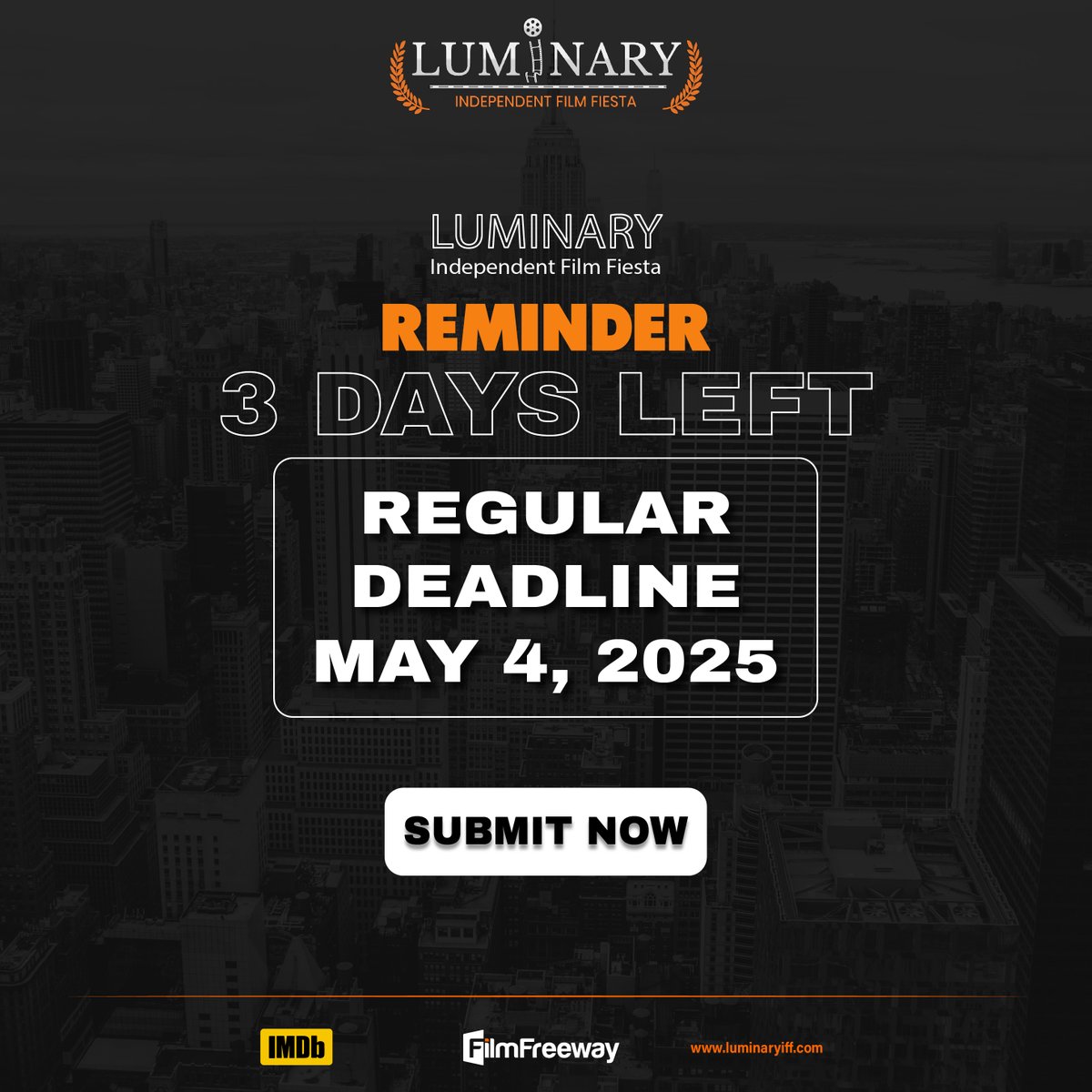 Our regular deadline is just 3 days away! It's on this 4th May! Don't miss the opportunity to reserve your spot at our festival at the earliest! Submit your projects now - filmfreeway.com/LuminaryIndepe…

#FilmFestival #Directors #MovieMakers #Cinéma #París #RegularDeadline #Deadline