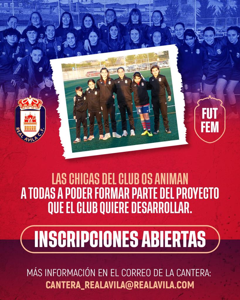 ♀️𝗙𝗲𝗺𝗲𝗻𝗶𝗻𝗼 | 2025-2026
💪 Desde el Real Ávila os animamos a formar parte del proyecto de fútbol femenino que quiere desarrollar el club.

🖊️ Las inscripciones se encuentran abiertas y pueden solicitar toda la información en:
cantera_realavila@realavila.com

✅ Queremos