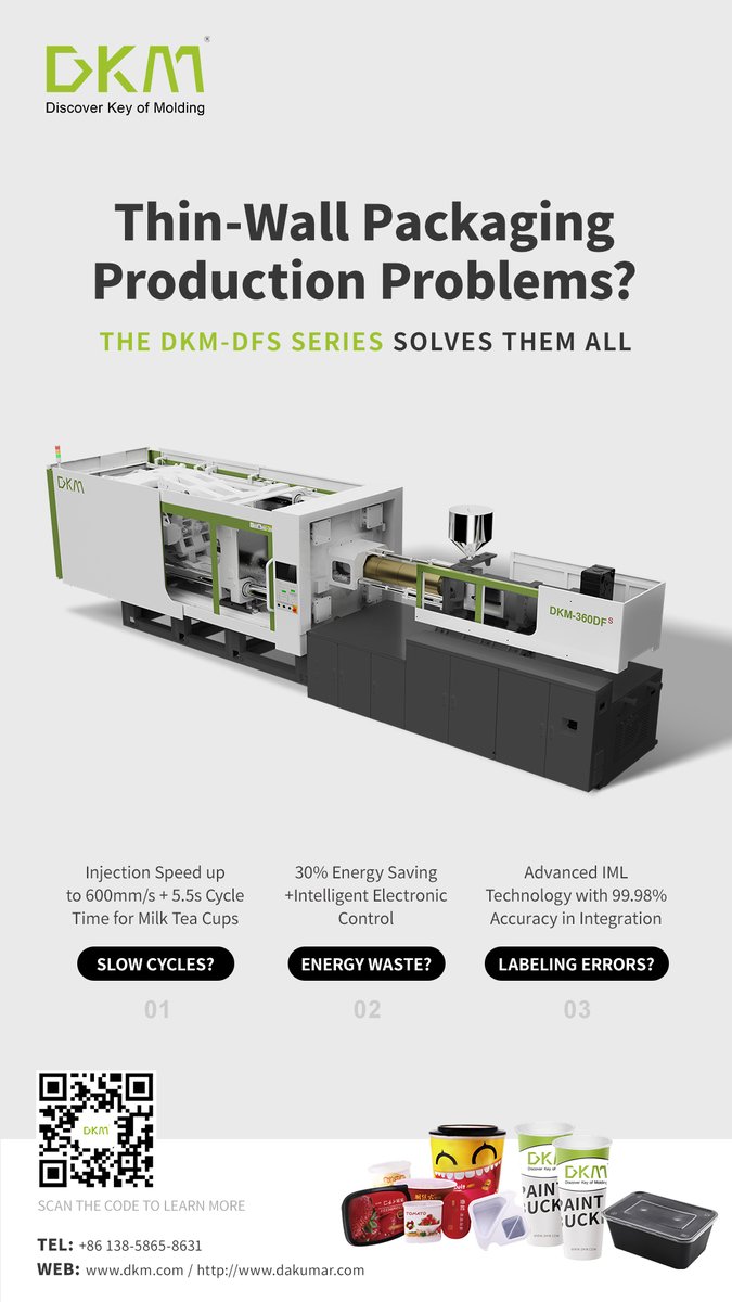 DKM_Machinery's tweet photo. Thin-Wall Packaging Production-DKM DFS Series

High speed injection machine for the thin wall package products with technology 99.98% accuracy in integration.

Martina
Email: contact@dakumar.com
Phone/whatsapp: 0086+ 152 1580 7221 https://t.co/J2YiL1XIG3