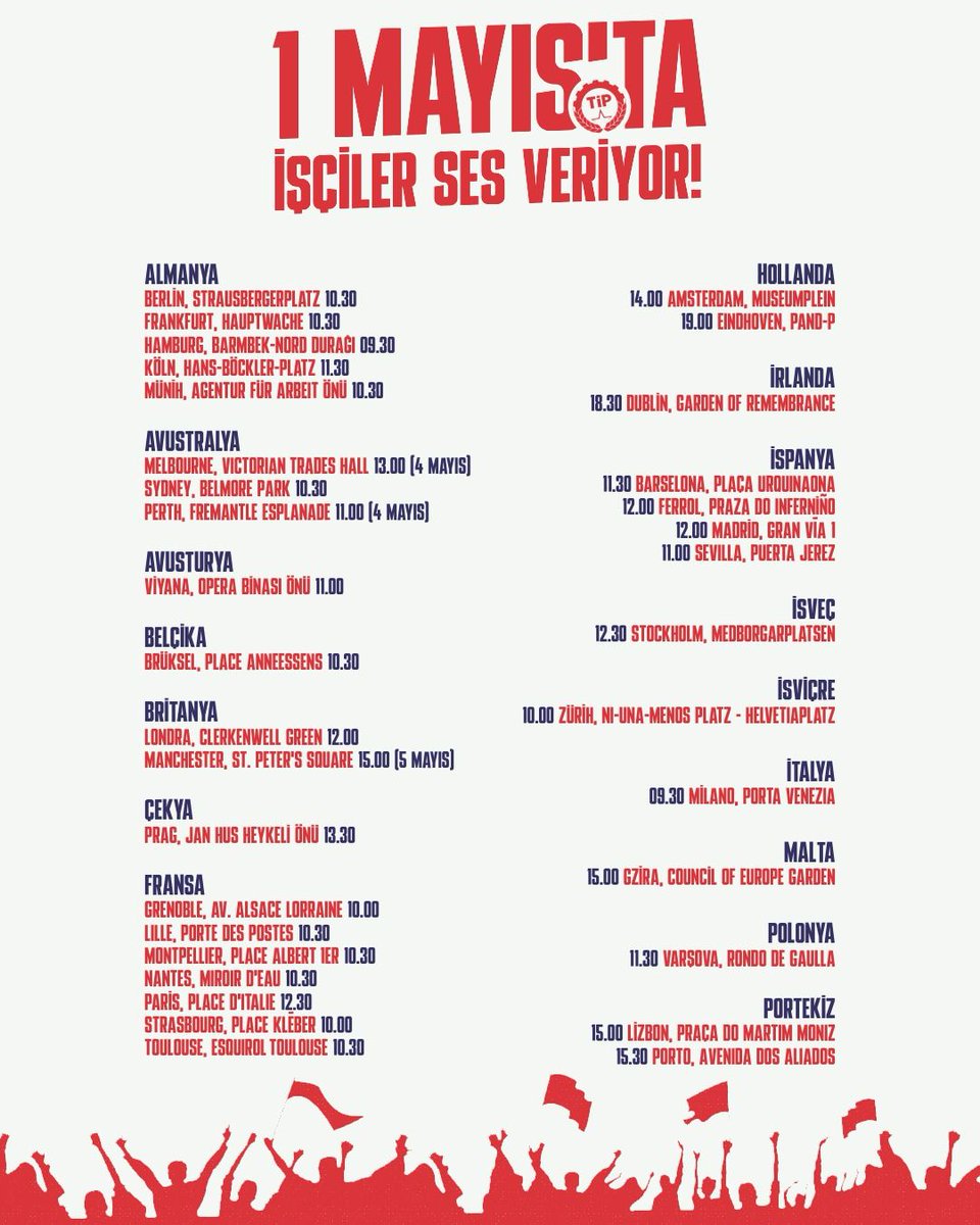 📣 1 Mayıs’ta Birlikte Alanlara!
 
🚩 Gelin, emeğimizi sömüren, haklarımızı gasp eden, geleceğimizi çalmak isteyen bu düzene karşı hep birlikte ses verelim! 1 Mayıs’ta Türkiye İşçi Partisi kortejlerinde birlikte yürüyelim!

Yurt dışı buluşma noktalarımız 👇

#1Mayıs #1Mayıs2025