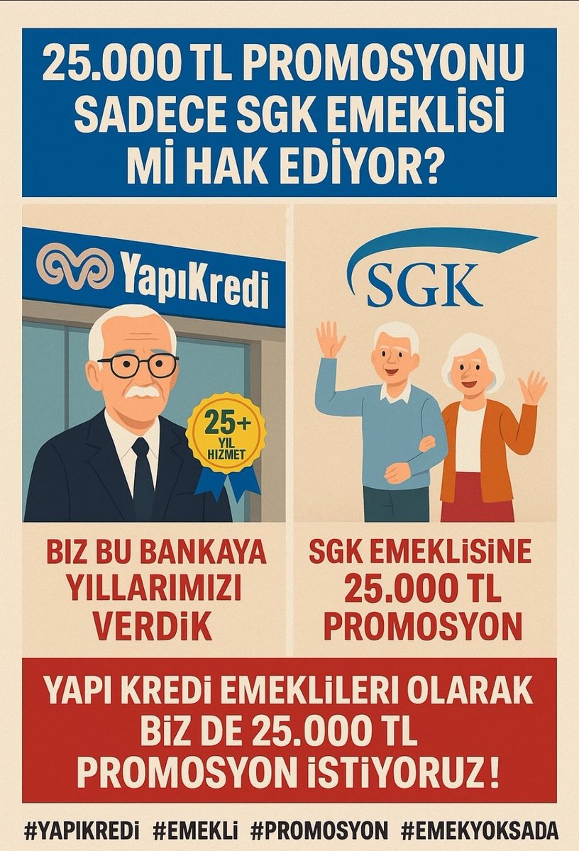 💬Emeklilere verilen 25.000 TL promosyonu takdirle karşılıyoruz.

Ama Yapı Kredi’ye yıllarca hizmet etmiş kendi emeklileri neden bu haktan faydalanamıyor ?

Başka bankaya maaşını taşıyamayan bizler de bu hakkı istiyoruz!

#YapıKredi
#Emekli
#promosyon 
#EYTEF1MayıstaKadıköyde