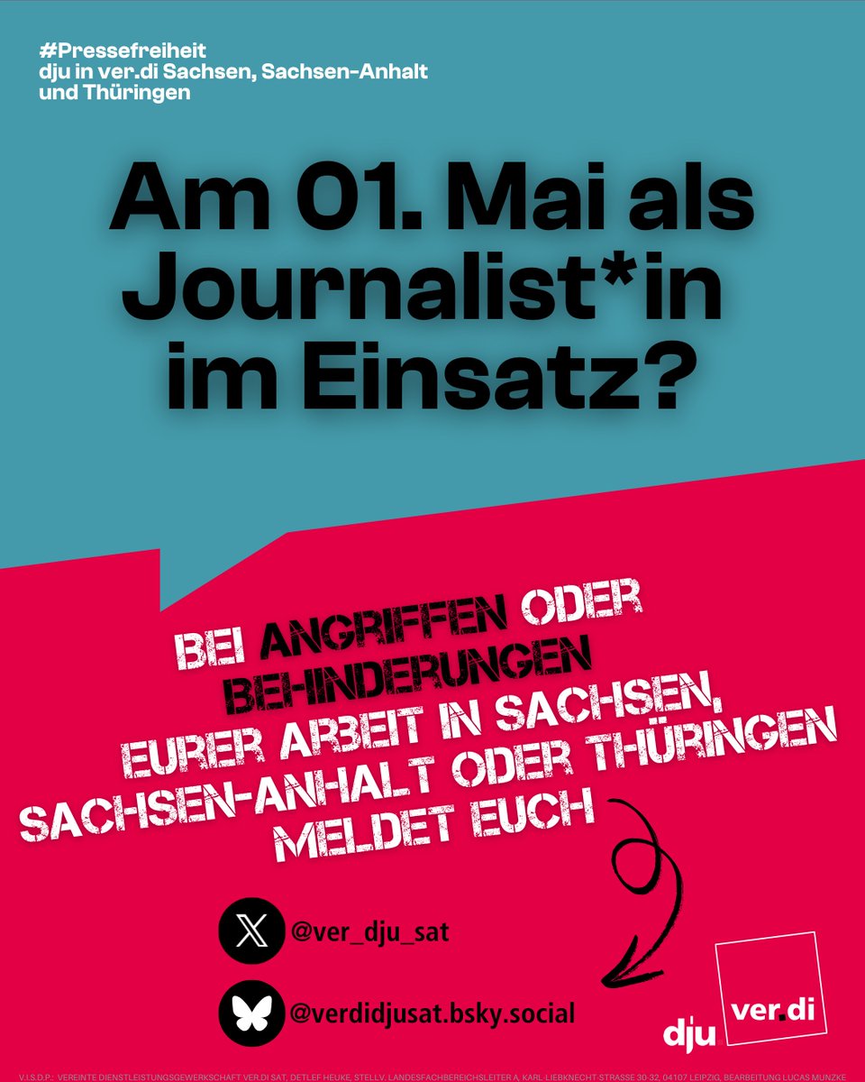 dju in ver.di Sachsen, Sachsen-Anhalt, Thüringen (@ver_dju_sat) on Twitter photo Ihr seid am 1. Mai journalistisch in Sachsen, Sachsen-Anhalt oder Thüringen im Einsatz? Auf Demos oder Veranstaltungen? Wenn ihr angegriffen oder in eurer Arbeit behindert werdet, meldet euch bei uns! X: <a href="/ver_dju_sat/">dju in ver.di Sachsen, Sachsen-Anhalt, Thüringen</a> oder Bluesky: @verdidjusat.bsky.social #Pressefreiheit #1Mai Ihr seid am 1. Mai journalistisch in Sachsen, Sachsen-Anhalt oder Thüringen im Einsatz? Auf Demos oder Veranstaltungen? Wenn ihr angegriffen oder in eurer Arbeit behindert werdet, meldet euch bei uns! X: <a href="/ver_dju_sat/">dju in ver.di Sachsen, Sachsen-Anhalt, Thüringen</a> oder Bluesky: @verdidjusat.bsky.social #Pressefreiheit #1Mai