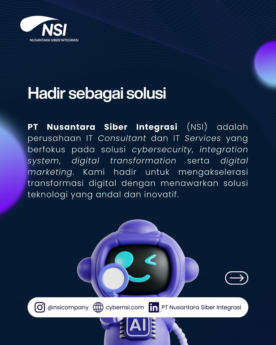 nsicompany's tweet image. 🔍 NSI hadir sebagai solusi IT terdepan!
Kami adalah perusahaan IT Consultant &amp;amp; IT Services yang siap bantu akselerasi transformasi digital bisnis Anda.

Tertarik? Yuk kolaborasi! 👇
cybernsi.com
#BeyondProtection #ITConsultant