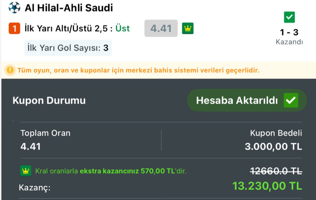 Dün paylaştığımız kupon tutmuştur ✅

Değerlendirenleri tebrik ederim👏

Günlük kuponlar için bizi takip et 👍
#iddaa #iddaatahminleri #gününkuponu