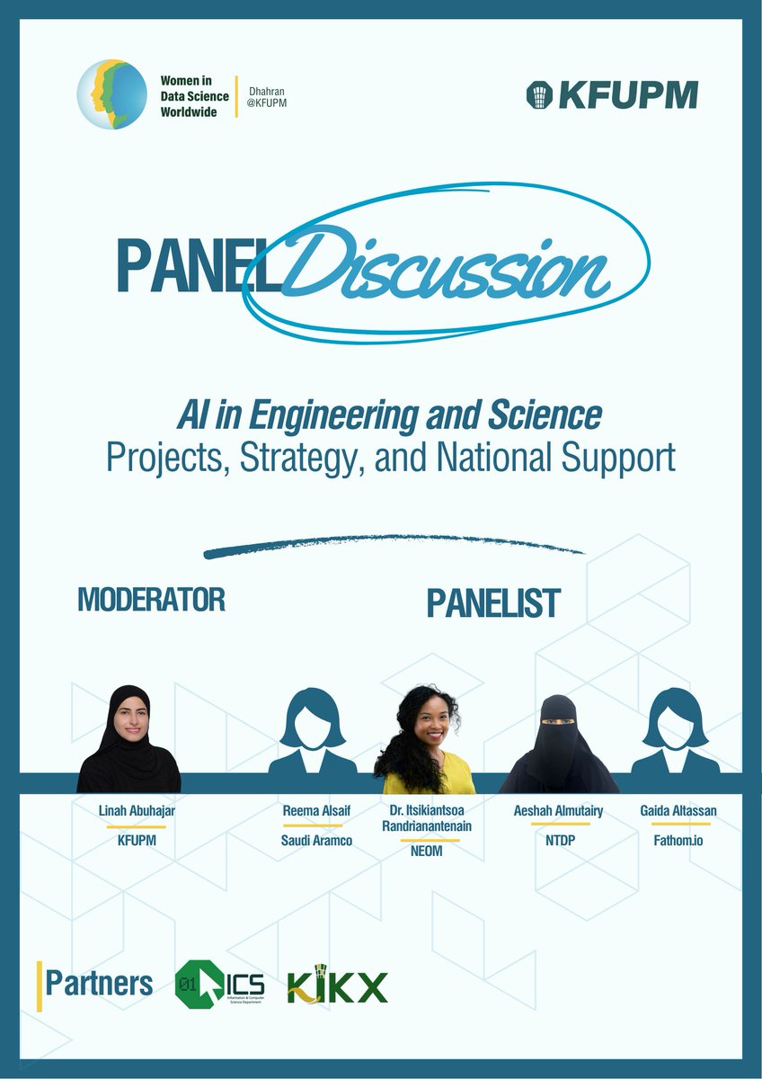 Our esteemed panalists, coming from different sectors, Reema Alsaif <a href="/aramco/">aramco</a>, Dr.Itsikiantsoa Randrianantenaina <a href="/NEOM/">NEOM</a>, Aeshah Almutairi <a href="/ntdpsa/">البرنامج الوطني لتنمية تقنية المعلومات</a>, and Gaida Altassan fathom.io will discuss projects, strategy, and national support for AI in science &amp; engineering