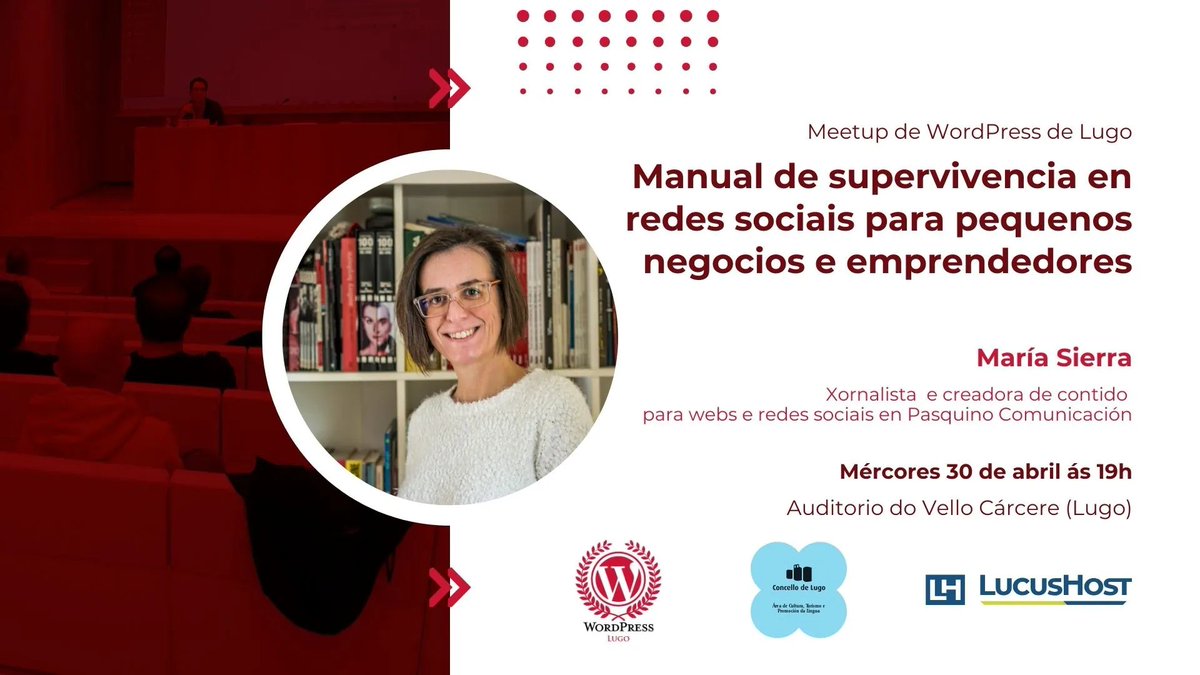 📲 É hoxe! 

As redes sociais como pequeno negocio ou emprendedor é unha aventura constante. Queres saber máis? 

Hoxe tes unha cita con María Sierra (<a href="/pasquino_com/">Pasquino Comunicación</a>) na Meetup de WordPress de Lugo. A partir das 19h.

Grazas a <a href="/LucusHost/">LucusHost</a>. #Lugo

Info 👇
wplugo.eu/evento/manual-…