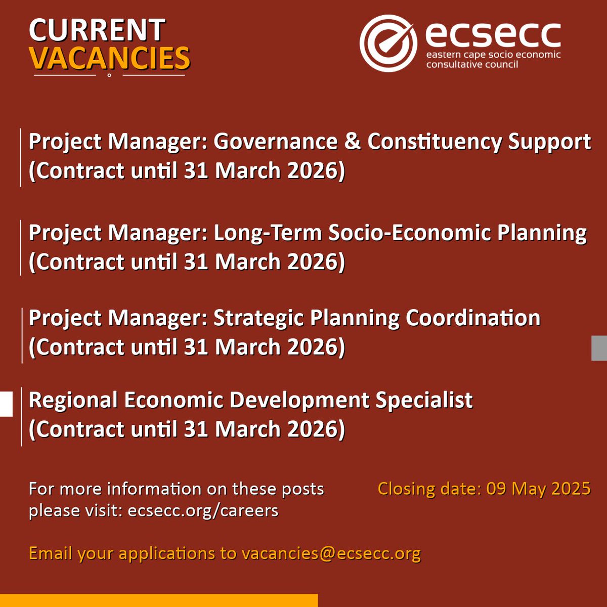 ECSECC (@ecsecc_) on Twitter photo We Are Hiring 🚨
We have the following four (4) vacancies open. For more information on each post please visit our careers page on the website ecsecc.org/careers
Please send your applications to vacancies@ecsecc.org
Closing date is Friday 09 May 2025. We Are Hiring 🚨
We have the following four (4) vacancies open. For more information on each post please visit our careers page on the website ecsecc.org/careers
Please send your applications to vacancies@ecsecc.org
Closing date is Friday 09 May 2025.