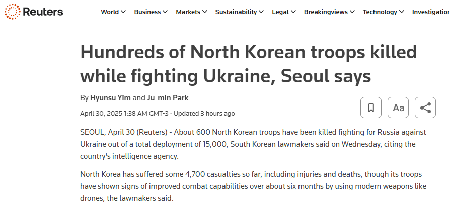 nachomdeo's tweet photo. La última novedad es que de acuerdo al servicio de inteligencia de Corea del Sur, de los 15.000 soldados enviados por Corea del Norte, 4.700 ya fueron dados de baja por las fuerzas ucranianas
600 murieron en Kursk , en donde aun hay presencia de fuerza de Ucrania https://t.co/r2KCG233jJ