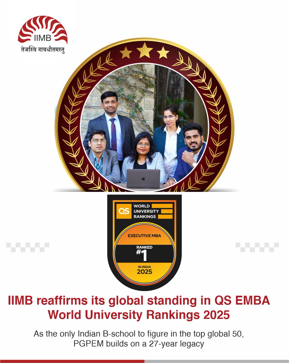 iimb_official's tweet image. In the QS #EMBA World University Rankings 2025, IIMB’s #PGPEM retains its place in the global top 50. Ranked #50 worldwide, #10 in APAC, and #1 in India among 205 programmes across 50 countries, PGPEM remains a rigorous and competitive pathway for working professionals. More👇