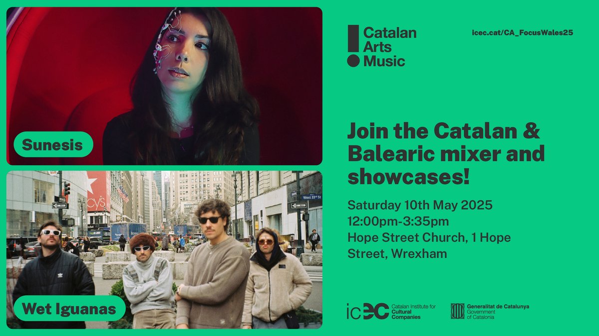 Catalan Arts (@catalanarts) on Twitter photo ⌛️Countdown to <a href="/FocusWales/">FOCUS Wales</a>! Get ready to discover the #CatalanMusic showcases at the fair
👇👇
🎶<a href="/SunesisMusic/">SUNESIS - Mercury EP out now!</a> & Wet Iguanas
✅Join the Catalan & Balearic mixer and showcases. Save the date!
📆10 May 2025
🕑12:00 – 15:35
📍Hope Street Church, Wrexham
ℹ️icec.cat/CA_FocusWales25 ⌛️Countdown to <a href="/FocusWales/">FOCUS Wales</a>! Get ready to discover the #CatalanMusic showcases at the fair
👇👇
🎶<a href="/SunesisMusic/">SUNESIS - Mercury EP out now!</a> & Wet Iguanas
✅Join the Catalan & Balearic mixer and showcases. Save the date!
📆10 May 2025
🕑12:00 – 15:35
📍Hope Street Church, Wrexham
ℹ️icec.cat/CA_FocusWales25
