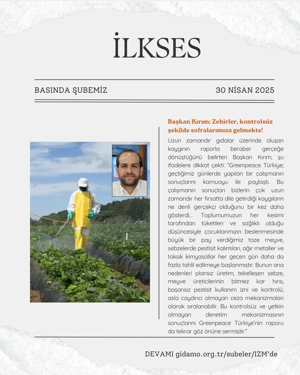 İLKSES: BAŞKAN KIRIM: "ZEHİRLER, KONTROLSÜZ ŞEKİLDE SOFRALARIMIZA GELMEKTE!" 📰

🔗 gidamo.org.tr/icerik/ilkses-…

#tmmob #gıdamo #gıdamoizmir #gıdagüvenliği #gıdagüvencesi #gıdaegemenliği #gıdadenetimi #gıdaenflasyonu #gıdazehirlenmesi #pestisit